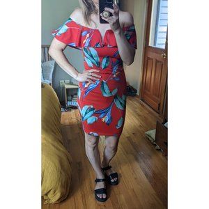 Pinkblush Tropical Print Red Mini Off the Shoulder Dress, Size M. Maternity